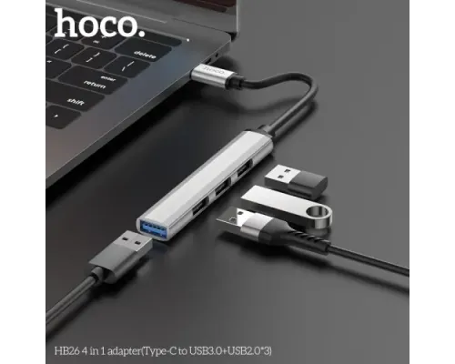 Type-C(PD) HUB HOCO HB26 4 in 1 adapter(Type-C to USB3.0+USB2.0*3) Silver mag-6931474765475143988