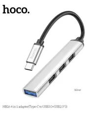 Type-C(PD) HUB HOCO HB26 4 in 1 adapter(Type-C to USB3.0+USB2.0*3) Silver mag-6931474765475143988