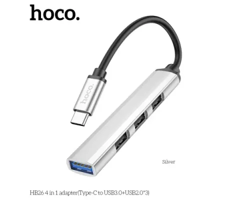 Type-C(PD) HUB HOCO HB26 4 in 1 adapter(Type-C to USB3.0+USB2.0*3) Silver mag-6931474765475143988