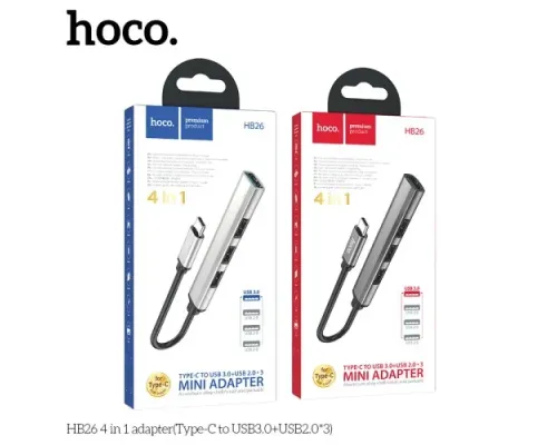 Type-C(PD) HUB HOCO HB26 4 in 1 adapter(Type-C to USB3.0+USB2.0*3) Silver mag-6931474765475143988