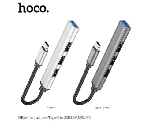 Type-C(PD) HUB HOCO HB26 4 in 1 adapter(Type-C to USB3.0+USB2.0*3) Silver mag-6931474765475143988