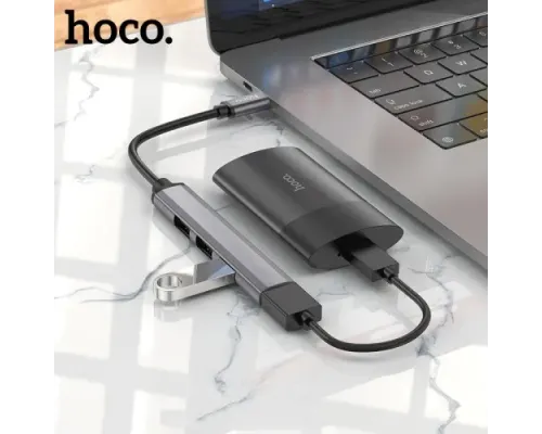 Type-C(PD) HUB HOCO HB26 4 in 1 adapter(Type-C to USB3.0+USB2.0*3) Metal Grey mag-6931474765482146704