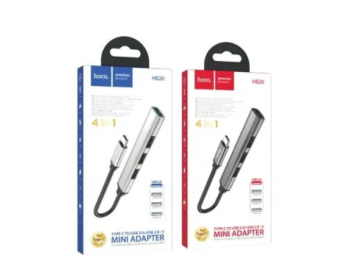 Type-C(PD) HUB HOCO HB26 4 in 1 adapter(Type-C to USB3.0+USB2.0*3) Metal Grey mag-6931474765482146704