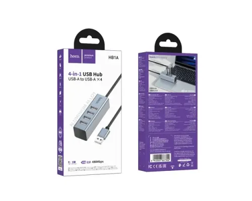 USB HUB HOCO HB1A 4-in-1 converter(USB to USB2.0*4) Metal Grey mag-6942007667302153038