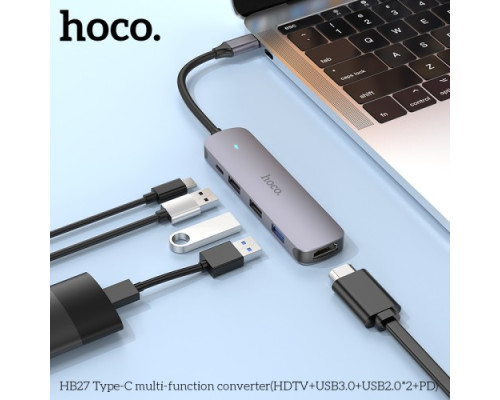 Type-C(PD) HUB HOCO HB27 Type-C multi-function converter(HDTV+USB3.0+USB2.0*2+PD) Metal Grey mag-6931474769329139094