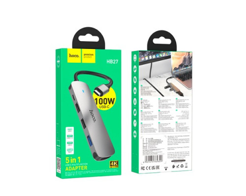 Type-C(PD) HUB HOCO HB27 Type-C multi-function converter(HDTV+USB3.0+USB2.0*2+PD) Metal Grey mag-6931474769329139094