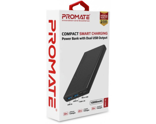 Promate Bolt-10 10000 mAh 10Вт 2xUSB Black