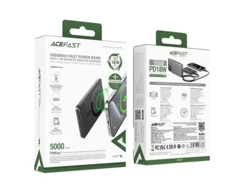 УМБ ACEFAST M8 PD18W ultra-thin magnetic wireless charging power bank 5000mAh Black mag-6974316283386153828