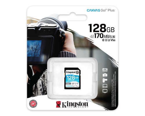 SDXC (UHS-1 U3) Kingston Canvas Go Plus 128Gb class 10 V30 (R170MB/s, W90MB/s) (SDG3/128GB)