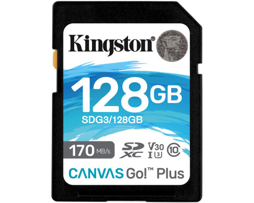 SDXC (UHS-1 U3) Kingston Canvas Go Plus 128Gb class 10 V30 (R170MB/s, W90MB/s) (SDG3/128GB)