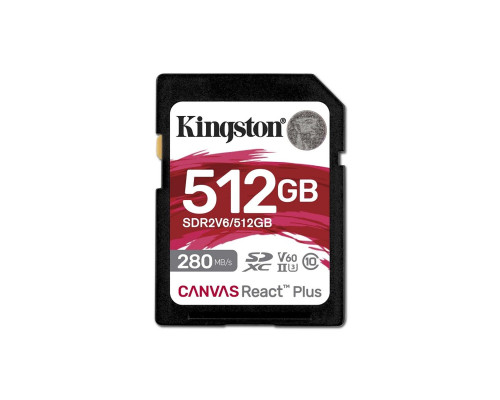 SDXC (UHS-II U3) Kingston Canvas React Plus 512Gb class 10 V60 (R280MB/s, W150MB/s) (SDR2V6/512GB)