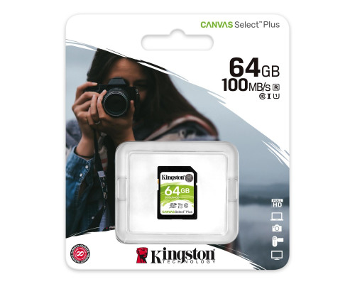 SDXC (UHS-1 U1) Kingston Canvas Select Plus 64Gb class 10 V10 (R-100MB/s) (SDS2/64GB)