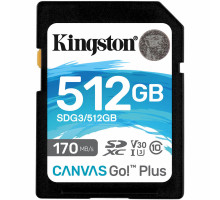 SDXC (UHS-1 U3) Kingston Canvas Go Plus 512Gb class 10 V30 (R170MB/s, W90MB/s) (SDG3/512GB)