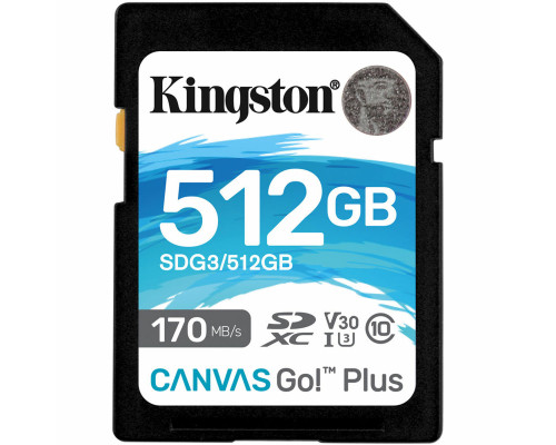 SDXC (UHS-1 U3) Kingston Canvas Go Plus 512Gb class 10 V30 (R170MB/s, W90MB/s) (SDG3/512GB)