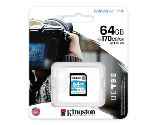 SDXC (UHS-1 U3) Kingston Canvas Go Plus 64Gb class 10 V30 (R170MB/s, W70MB/s) (SDG3/64GB)