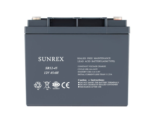 Акумуляторна батарея SUNREX SR12-45, Ємність: 45Ah, 12V, 12.9kg, AGM battery, розміри:198х166х174мм (ДБЖ UPS) NBB-134397
