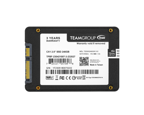 Жорсткий диск 2.5 SSD 240GB Team CX1 Series, T253X5240G0C101, 3D SLC, SATA-III Rev. 3.0 (6Gb/s), зап/чит. - 430/520MB/s NBB-110807