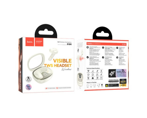 Навушники бездротові HOCO EQ6 Shadow true wireless BT5.3/7hours Milky White mag-694200760472732782