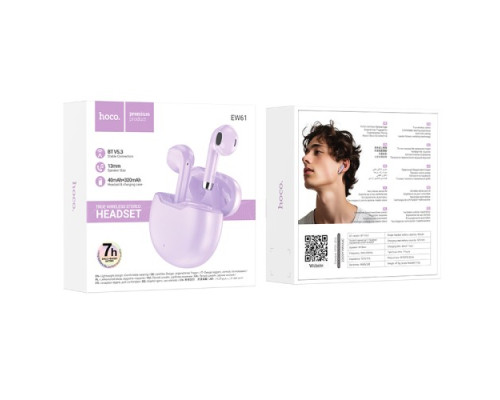 Навушники бездротові HOCO EW61 June true wireless BT5.3/7hours Purple mag-6942007617604137315