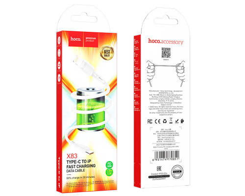 Кабель HOCO X83 Type-C to iP 20W, 1m, PVC, PVC connectors, White