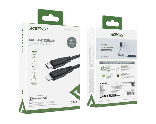 Кабель ACEFAST C3-01 Type-C to iP 3A, 30W, TPE, TPE connectors, Black