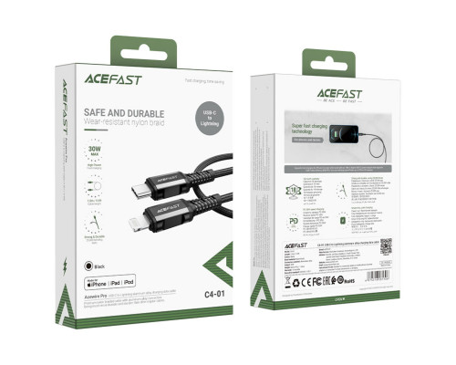Кабель ACEFAST C4-01 Type-C to iP 3A, 30W, 1.8m, nylon, zinc connectors, Black