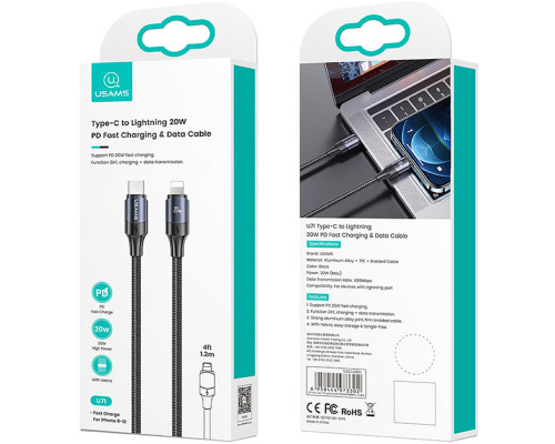 Кабель Usams US-SJ521 U71 Type-C to Lightning 20W PD Fast Charging & Data Cable 1.2m Black
