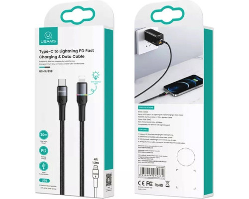 Кабель Usams US-SJ538 U76 Type-C to Lightning PD 20W Fast Charging & Data Cable 1.2m Black