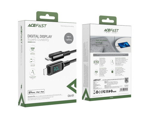 Кабель ACEFAST C6-01 Type-C to iP, 3A, 30W, 1.2m, nylon, zinc connectors, Black