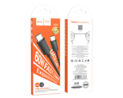 Кабель HOCO X88 Gratified 60W charging data cable for Type-C to Type-C(unpackaged) Black