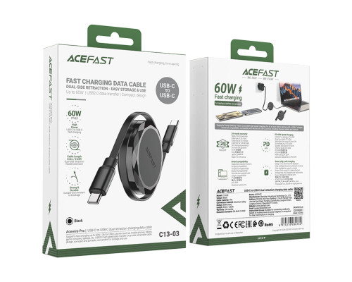 Кабель ACEFAST C13-03 USB-C to USB-C dual retraction charging data cable Black