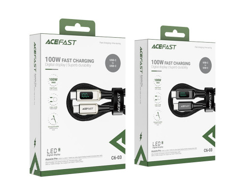 Кабель ACEFAST C6-03 Type-C to Type-C 5A, 100W, 2m, nylon, zinc connectors, digital display, Black
