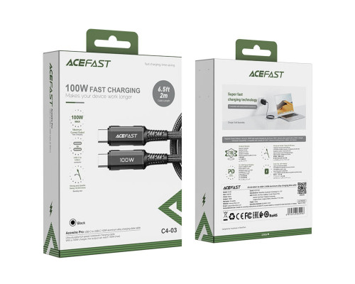 Кабель ACEFAST C4-03 Type-C to Type-C 5A, 100W, 2m, nylon, zinc connectors, Black