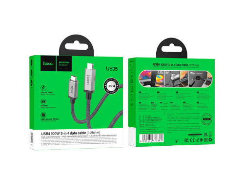 Кабель HOCO US05 USB4 100W HD high speed data cable(L=1M) Black