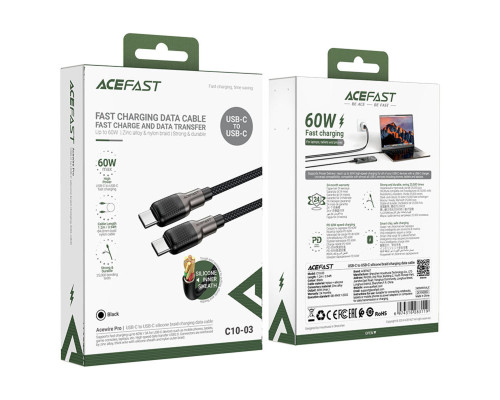 Кабель ACEFAST C10-03 Type-C to Type-C 3A, 60W, 1.2m, silicone, zinc connectors, Black