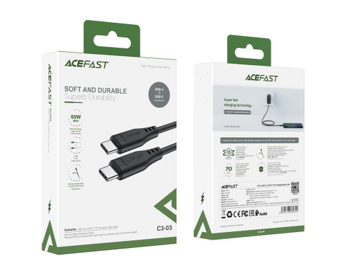 Кабель ACEFAST C3-03 Type-C to Type-C 3A, 60W, 1.2m, TPE, TPE connectors, Black