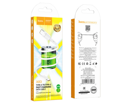 Кабель HOCO X83 Type-C to Type-C Victory 60W charging data cable White