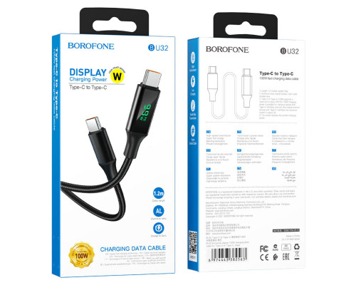 Кабель BOROFONE BU32 Type-C to Type-C 5A, 100W, 1.2m, nylon, aluminum connectors, digital display, Black