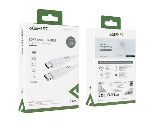 Кабель ACEFAST C3-03 Type-C to Type-C 3A, 60W, 1.2m, TPE, TPE connectors, White