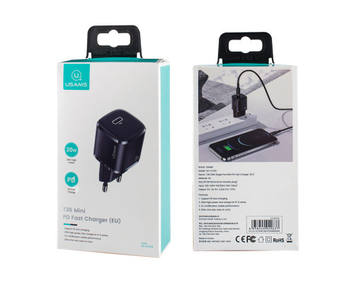 Мережевий зарядний пристрій Usams US-CC124 T36 20W Super Si PD Fast Charger(EU) Black NBB-115941