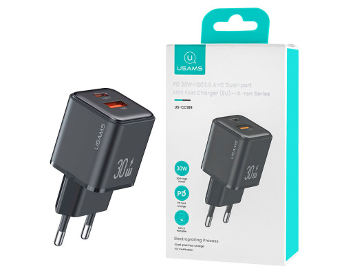 Мережевий зарядний пристрійUsams US-CC189 PD30W+QC3.0 A+C Dual-port Fast Charger Black NBB-139660