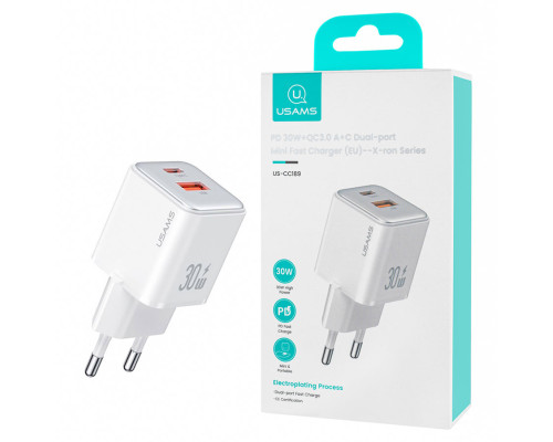 Мережевий зарядний пристрійUsams US-CC189 PD30W+QC3.0 A+C Dual-port Fast Charger White NBB-139661