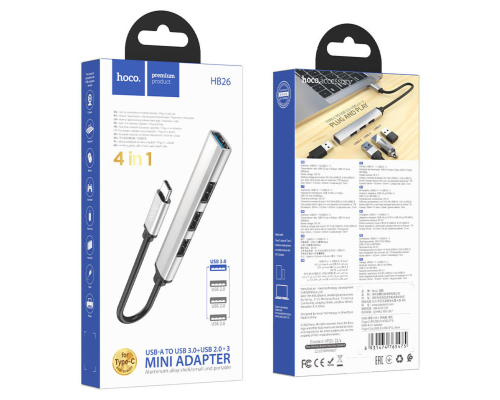 USB HUB adapter Hoco HB26 4в1 (Type-C to USB3.0+USB2.0*3) 0.13м silver PLS-00-00123955