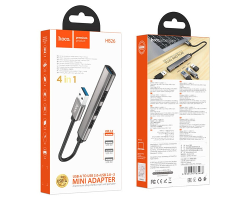 USB HUB adapter Hoco HB26 4в1 (USB-A to USB3.0+USB2.0*3) 0.13м gray PLS-00-00123958