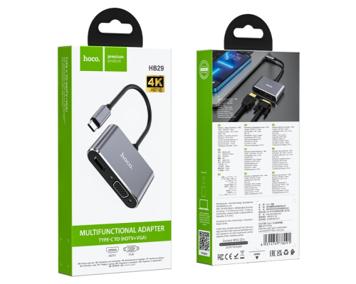 USB HUB adapter Hoco HB29 2в1 Type-C to HDMI (F) VGA (F) 0,15м PLS-00-00132943