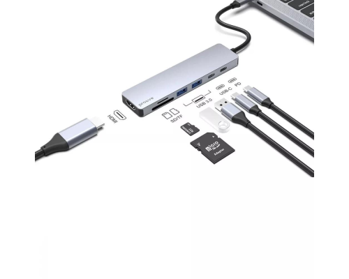 USB HUB adapter Proove Iron Link 7в1 (2*Type-C + 2*USB3.0 + HDMI + SD) silver PLS-00-00134132