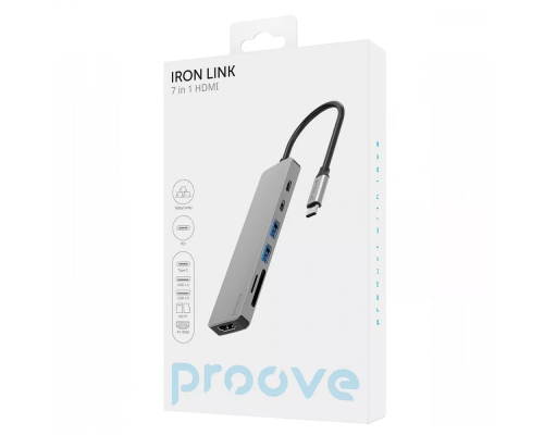 USB HUB adapter Proove Iron Link 7в1 (2*Type-C + 2*USB3.0 + HDMI + SD) silver PLS-00-00134132