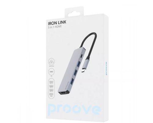 USB HUB adapter Proove Iron Link 5в1 (Type-C + 3*USB3.0 + HDMI) silver PLS-00-00134133