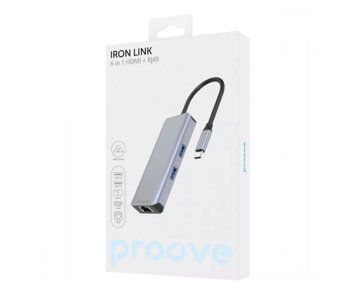USB HUB adapter Proove Iron Link 6в1 (2*USB3.0 + SD + RJ45 + HDMI) silver PLS-00-00134134