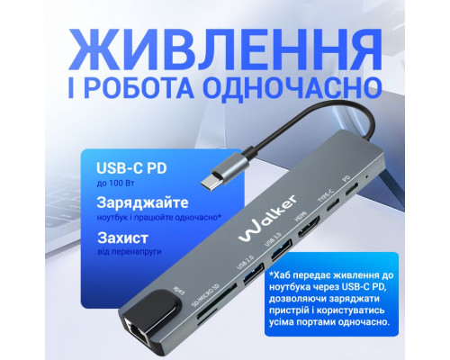 Перехідник USB-хаб WALKER WHUB-63 8в1 з роз'ємом Type-C grey TPS-2710000338963 2710000338963
